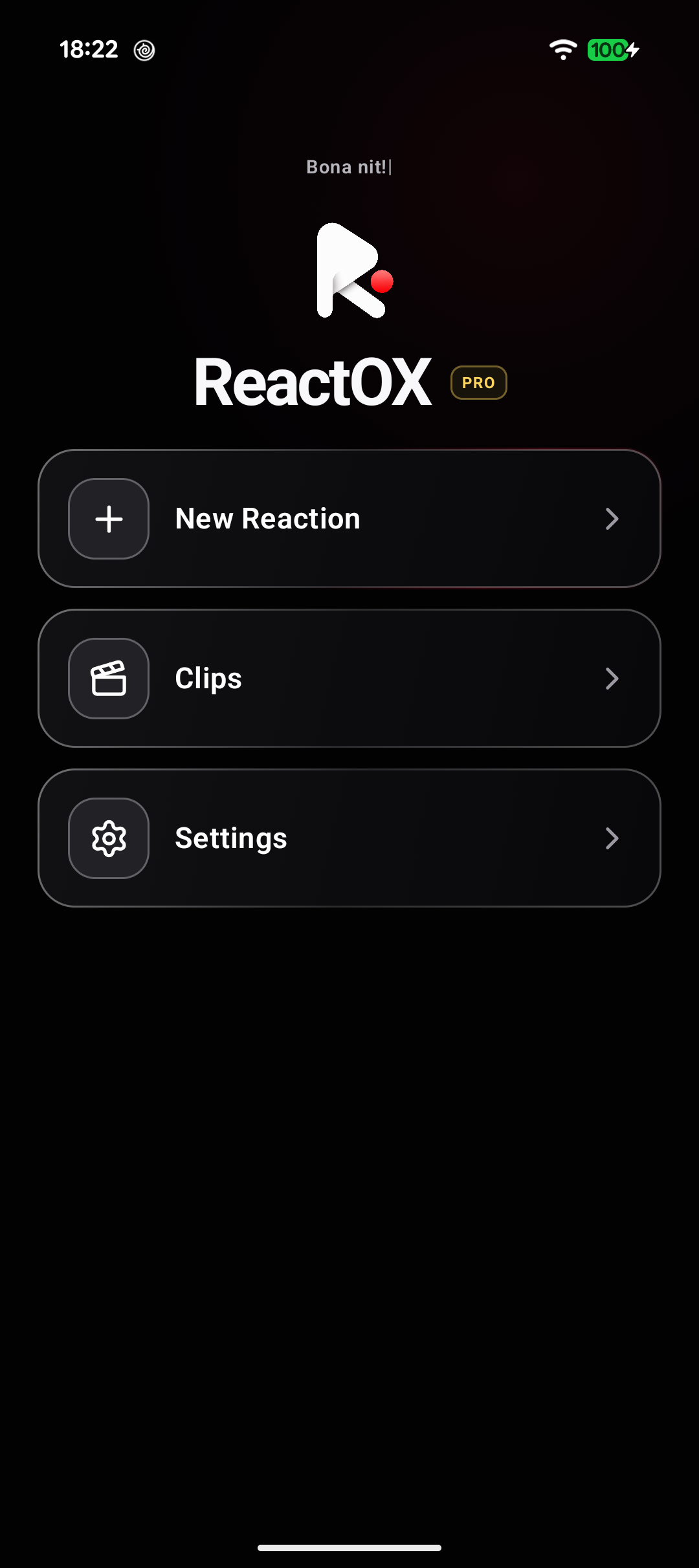 Actual ReactOX home screen with New Reaction, Clips and Settings. Pro account shown.