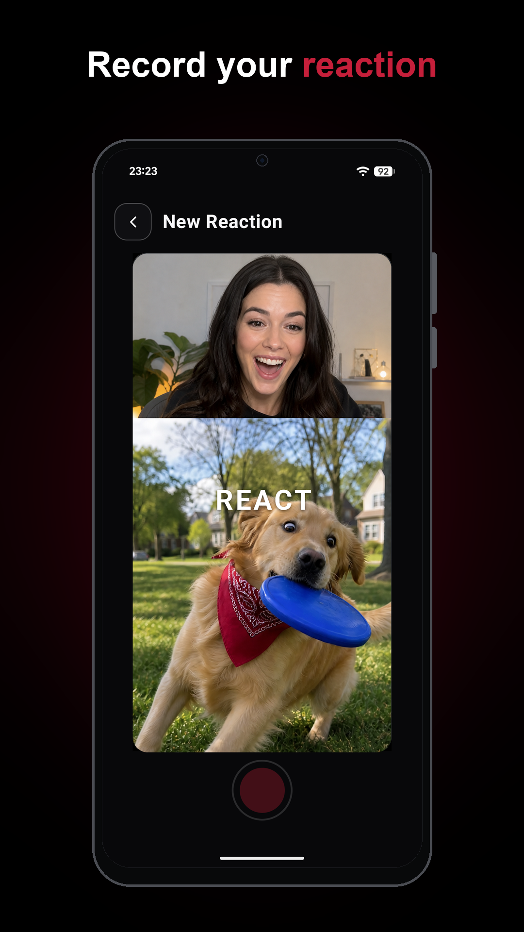 ReactOX recording screen with a camera reaction above a source clip.